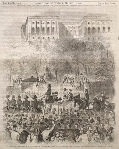A procissão inaugural em Washington, passando pelo portão da capital, 1861. de Winslow Homer