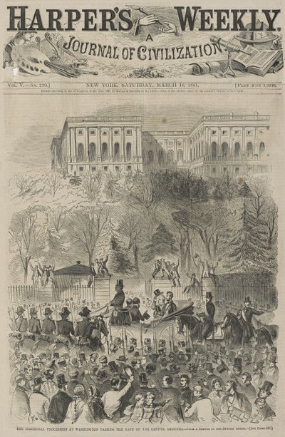 A Procissão Inaugural de Washington Passando pelo Portão do Parque do Capitólio (De um Esboço de nosso Artista Especial), 1861 (gravura em madeira) de Winslow Homer