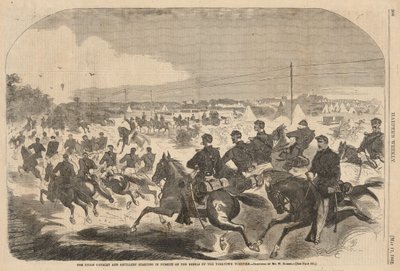 A cavalaria e a artilharia da União iniciam a perseguição dos rebeldes pela Yorktown Turnpike, de Harper