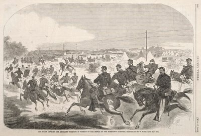 A cavalaria e a artilharia da união que começam na perseguição dos rebeldes acima do Turntown de Yorktown, 1862. de Winslow Homer