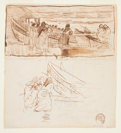 Dois estudos de mulheres atrás de grades, olhando para o lançamento de Dories, Cullercoats, Inglaterra de Winslow Homer