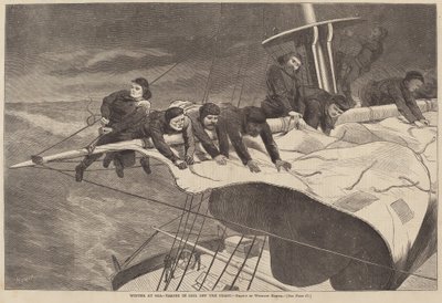 Winter at Sea - Taking in Sail Off the Coast, publicado em 1869. de Winslow Homer