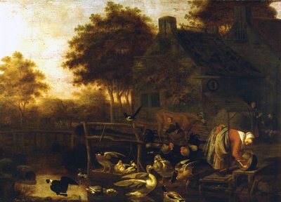 Cena do campo na Holanda (quinta com muitos animais e um agricultor a ordenhar uma vaca) por Wintrack the Young de Wintrack the Younger