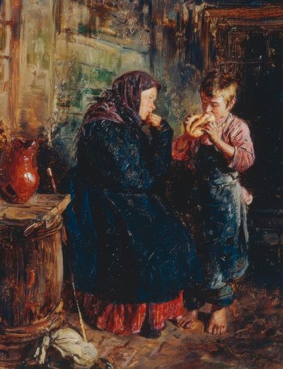 Mulher velha e menino com pão de Wladimir Jegorowitsch Makowski