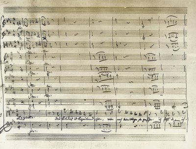 Registro manuscrito do início da ária de retrato de Tamino de The Magic Flute. Transcrição. 1791 de Wolfgang Amadeus Mozart
