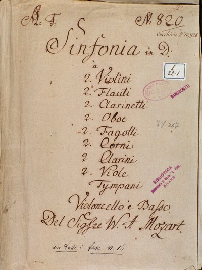 Primeira página de partituras para a Sinfonia n°4 em D, de Mozart de Wolfgang Amadeus Mozart