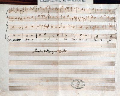 Página com a assinatura do compositor Querite primum regnum Dei de Mozart para obter o título de Accademico filarmonico (1770) de Wolfgang Amadeus Mozart