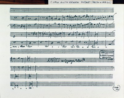 Página de música para Querite primum regnum Dei de Mozart para obter o título de Accademia filarmonico, versão corrigida pelo padre Martini (1770) de Wolfgang Amadeus Mozart
