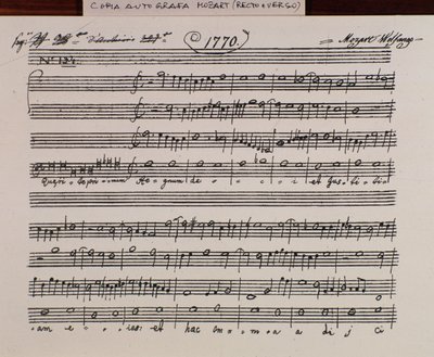 Página de música para Querite primum regnum Dei de Mozart para obter o título de Accademia filarmonico, versão corrigida pelo padre Martini (1770) de Wolfgang Amadeus Mozart