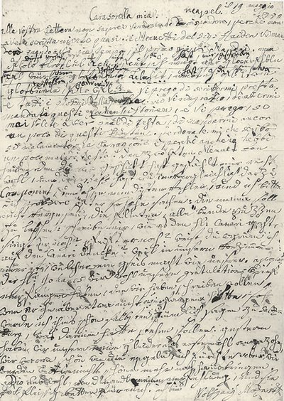 Wolfgang Amadeus Mozart (1756-1791) compositor austríaco. Carta de autógrafo para sua irmã Nannerl. Nápoles 19 de março de 1770 de Wolfgang Amadeus Mozart