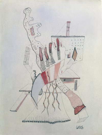 Figura apoiada em duas mesas de Wols