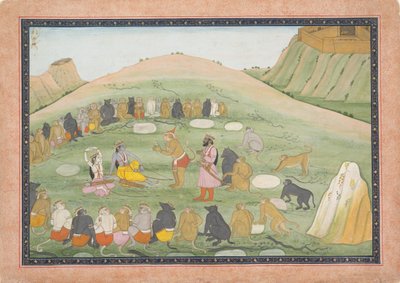 Hanuman revive Rama e Lakshmana com ervas medicinais...,Série Ramayana, ca. 1790. de Workshop active in the First generation