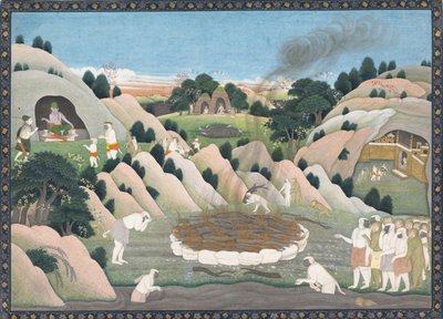 A Pira Funeral do Rei Macaco Vali: Fólio ilustrado de uma série dispersa do Ramayana, ca. 1780. de Workshop active in the First generation