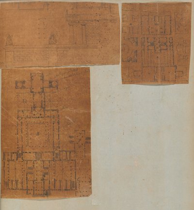Página de um livro de recortes contendo desenhos e várias gravuras de arquitetura, Int..., ca. 1800-1850. Criadores: Workshop de Charles Percier, Workshop de Pierre François Léonard Fontaine. de Workshop of Charles Percier, Workshop of Pierre