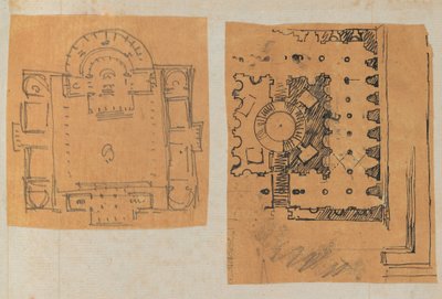Página de um livro de recortes contendo desenhos e várias gravuras de arquitetura, Int..., ca. 1800-1850. Criadores: Workshop de Charles Percier, Workshop de Pierre François Léonard Fontaine. de Workshop of Charles Percier, Workshop of Pierre