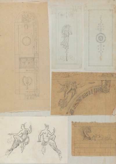 Página de um livro de recortes contendo desenhos e várias gravuras de arquitetura, Int..., ca. 1800-1850. Criadores: Workshop de Charles Percier, Workshop de Pierre François Léonard Fontaine. de Workshop of Charles Percier, Workshop of Pierre
