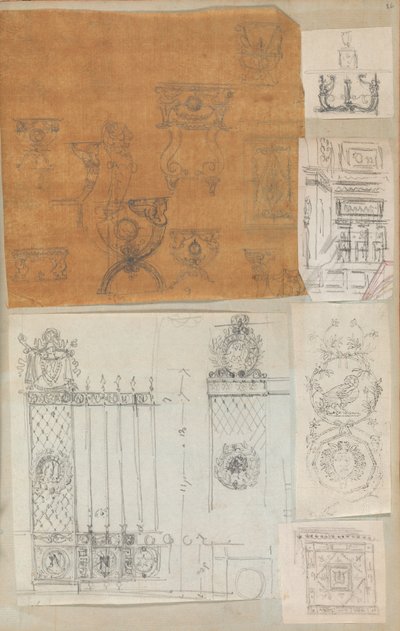 Página de um livro de recortes contendo desenhos e várias gravuras de arquitetura, Int..., ca. 1800-1850. Criadores: Workshop de Charles Percier, Workshop de Pierre François Léonard Fontaine. de Workshop of Charles Percier, Workshop of Pierre