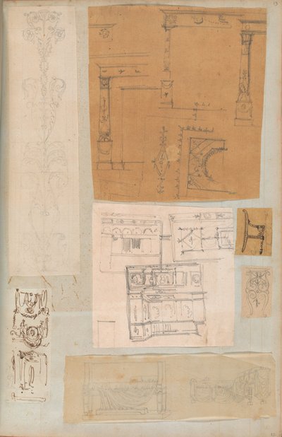 Página de um livro de recortes contendo desenhos e várias gravuras de arquitetura, Int..., ca. 1800-1850. Criadores: Workshop de Charles Percier, Workshop de Pierre François Léonard Fontaine. de Workshop of Charles Percier, Workshop of Pierre