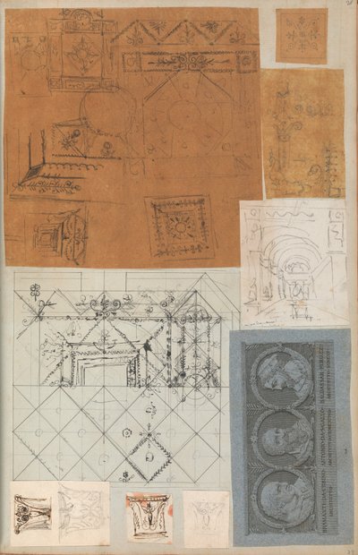 Página de um livro de recortes contendo desenhos e várias gravuras de arquitetura, Int..., ca. 1800-1850. Criadores: Workshop de Charles Percier, Workshop de Pierre François Léonard Fontaine. de Workshop of Charles Percier, Workshop of Pierre
