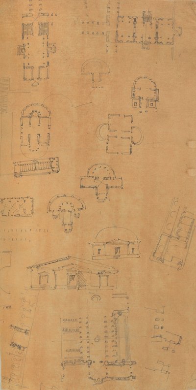 Página de um livro de recortes contendo desenhos e várias gravuras de arquitetura, Int..., ca. 1800-1850. Criadores: Workshop de Charles Percier, Workshop de Pierre François Léonard Fontaine. de Workshop of Charles Percier, Workshop of Pierre