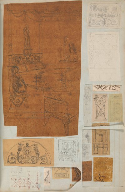 Página de um livro de recortes contendo desenhos e várias gravuras de arquitetura, Int..., ca. 1800-1850. Criadores: Workshop de Charles Percier, Workshop de Pierre François Léonard Fontaine. de Workshop of Charles Percier, Workshop of Pierre