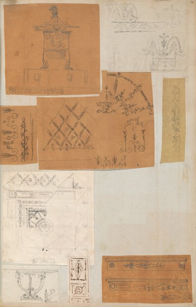 Página de um livro de recortes contendo desenhos e várias gravuras de arquitetura, Int..., ca. 1800-1850. Criadores: Workshop de Charles Percier, Workshop de Pierre François Léonard Fontaine. de Workshop of Charles Percier, Workshop of Pierre