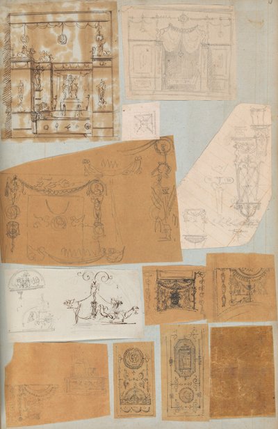 Página de um livro de recortes contendo desenhos e várias gravuras de arquitetura, Int..., ca. 1800-1850. Criadores: Workshop de Charles Percier, Workshop de Pierre François Léonard Fontaine. de Workshop of Charles Percier, Workshop of Pierre