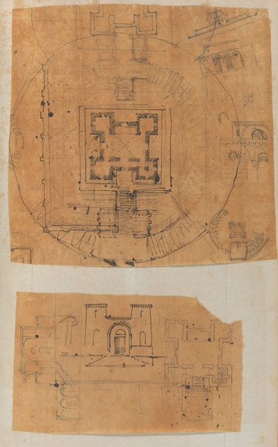 Página de um livro de recortes contendo desenhos e várias gravuras de arquitetura, Int..., ca. 1800-1850. Criadores: Workshop de Charles Percier, Workshop de Pierre François Léonard Fontaine. de Workshop of Charles Percier, Workshop of Pierre