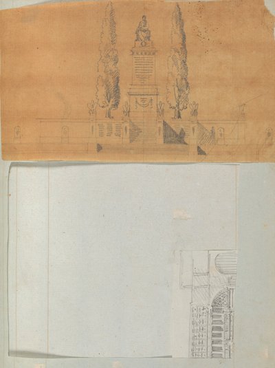 Página de um Scrapbook contendo Desenhos e Várias Gravuras de Arquitetura, Int..., ca. 1800-1850. Criadores: Workshop de Charles Percier, Workshop de Pierre François Léonard Fontaine. de Workshop of Charles Percier, Workshop of Pierre