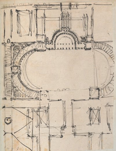 Página de um livro de recortes contendo desenhos e várias gravuras de arquitetura, Int..., ca. 1800-1850. Criadores: Workshop de Charles Percier, Workshop de Pierre François Léonard Fontaine. de Workshop of Charles Percier, Workshop of Pierre
