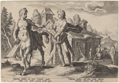 Apolo confiando a Quíron a educação de Asclépio de Workshop of Hendrick Goltzius, after Hendrick Goltzius