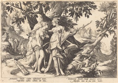 Júpiter disfarçado de Diana seduz Calisto de Workshop of Hendrick Goltzius, after Hendrick Goltzius