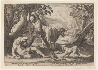 Paisagem com Mercúrio levantando sua espada para matar um Argus adormecido de Workshop of Hendrick Goltzius, after Hendrick Goltzius