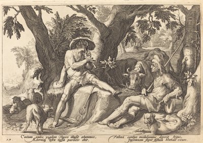 Mercúrio colocando Argus para dormir de Workshop of Hendrick Goltzius, after Hendrick Goltzius