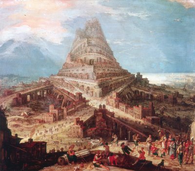 O edifício da torre de Babel, século XVI de Workshop of Hendrik van Cleve III
