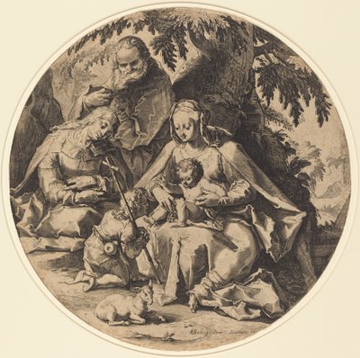 A Sagrada Família com Santa Isabel e São João Batista de Workshop of Jacob Matham, after Hendrik Goltzius
