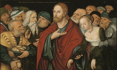 Alemão: Christus und die Ehebrecherin Cristo e a mulher apanhada em adultério de workshop of Lucas Cranach the Elder