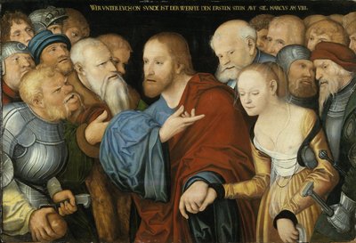 Alemão: Christus und die Ehebrecherin Cristo e a mulher apanhada em adultério de workshop of Lucas Cranach the Elder