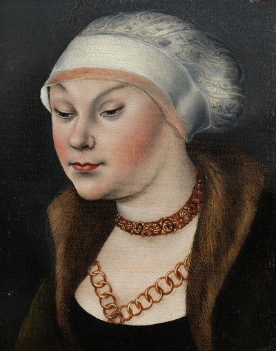 Alemão: Kopf einer Dame mit weißer Haube (Omphale) Cabeça de uma mulher com um chapéu branco de workshop of Lucas Cranach the Elder
