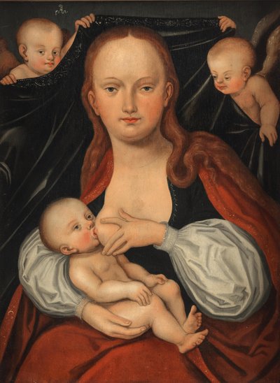 A Madona e o Menino diante de uma cortina segurada por dois anjos de workshop of Lucas Cranach the Elder