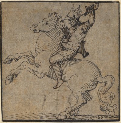 Guerreiro em armadura renascentista em um cavalo empinado de Workshop of Peter Vischer the Younger