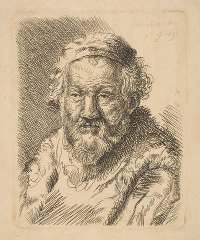 Busto de um velho em uma cópia de casaco e gola de pele. de Workshop of Rembrandt