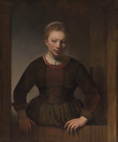 Mulher jovem numa meia-porta aberta de Workshop of Rembrandt van Rijn