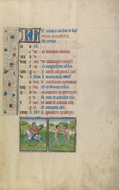 A Man Hawking; Signo Zodiacal de Gêmeos de Workshop of Willem Vrelant