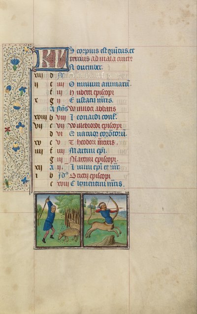 Um homem derrubando bolotas de uma árvore; Signo Zodiacal de Sagitário de Workshop of Willem Vrelant