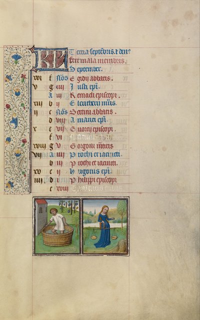 Um homem pisando uvas; Signo Zodiacal de Libra de Workshop of Willem Vrelant
