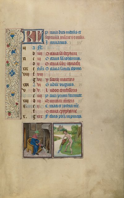 Um homem aquecendo por um incêndio; Signo Zodiacal de Aquário de Workshop of Willem Vrelant