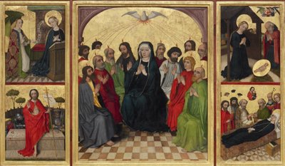 Retábulo do Espírito Santo aberto. Pentecostes, Anunciação, Natividade, Ressurreição de Cristo e Morte da Virgem, c. 1448 de Workshop of the Wolfgang Retable