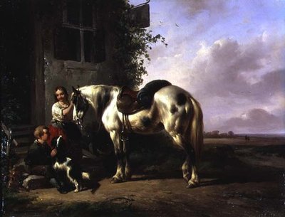 Exterior de uma pousada com menina, menino, cachorro, cavalo de Wouterus Verschuur