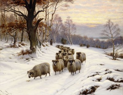 Um pastor e seu rebanho em um caminho no inverno de Wright Barker